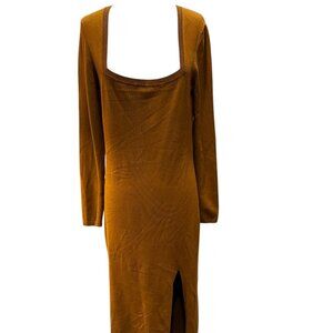 Open Edit Scoop Neck Long Sleeve Rib Sweater Dress Camel Brown Size Large